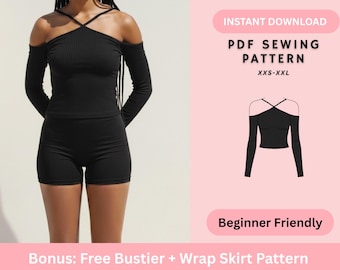 Off Shoulder, Long Sleeve, Halter Top, Women's Top Patterns, Fitted Bodycon Blouse, Beginner/Easy, PDF Instant Download Digital Pattern.