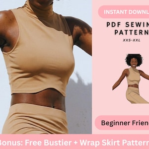 May include: Tan turtleneck crop top and matching skirt. The image includes text that reads "INSTANT DOWNLOAD PDF SEWING PATTERN XXS-XXL Beginner Friendly Bonus: Free Bustier + Wrap Skirt Pattern".