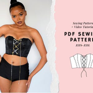 Op de afbeelding: Zwart corset topje met gouden en zilveren accenten, gecombineerd met een zwarte short. De afbeelding bevat de tekst "Sewing Pattern + Video Tutorial" en "PDF SEWING PATTERN XXS-XXL", samen met een lijntekening van het corset.