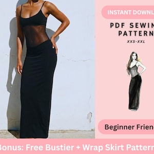 May include: Black maxi dress with a sheer panel bodice. The image includes text that reads "INSTANT DOWNLOAD PDF SEWING PATTERN XXS-XXL Beginner Friendly Bonus: Free Bustier + Wrap Skirt Pattern". A drawing of the dress is also shown.