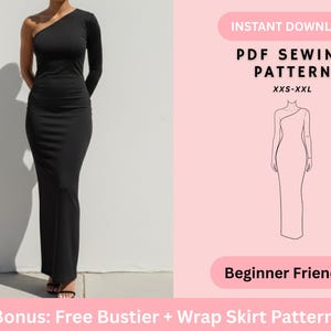 May include: A black one-shoulder maxi dress. The dress has a fitted silhouette and a single long sleeve. The image also includes a PDF sewing pattern with the text "PDF Sewing Pattern XXS-XXL" and "Beginner Friendly".