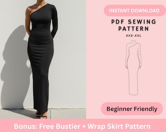 Asymmetrisches Maxi langes Kleid PDF Schnittmuster, One-Shoulder-Kleid, Stretch-Stoff-Bodycon-Muster, langärmliges, tailliertes Kleid