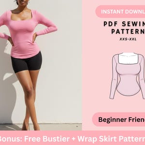 May include: A person wearing a pale pink long-sleeved top with a square neckline and black shorts. The image includes a PDF sewing pattern graphic with the text "INSTANT DOWNLOAD PDF SEWING PATTERN XXS-XXL" and "Beginner Friendly".