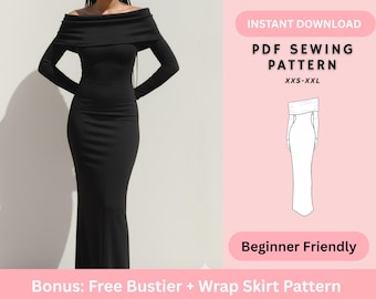 Patron de couture pour robe longue à épaules dénudées PDF | Robe moulante ajustée, patron pour débutants | Robe à manches longues à motif femme | Téléchargement instantané
