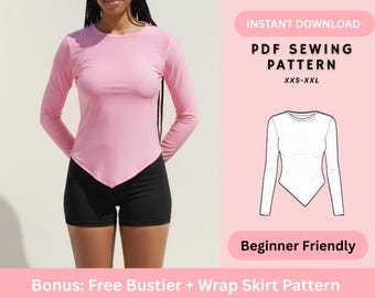 May include: A light pink long-sleeve top with a unique asymmetrical hemline, paired with black shorts. The image includes text that says "INSTANT DOWNLOAD PDF SEWING PATTERN XXS-XXL" and "Beginner Friendly". Bonus: Free Bustier + Wrap Skirt Pattern.