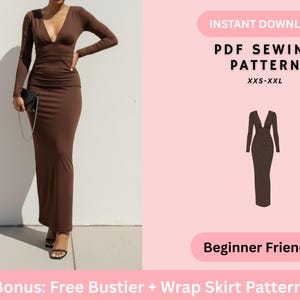 Op de afbeelding: Een lange, bruine jurk met een diepe V-hals en lange mouwen. De afbeelding bevat ook een PDF-naaipatroon voor de jurk, verkrijgbaar in de maten XXS-XXL, en is beginnersvriendelijk. Bonus: Gratis bustier + wikkelrok patroon.