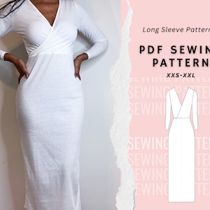 Long Sleeve Wrap Dress Pattern, Womens Dress Patterns, Wrap Dress Sewing Pattern, Digital PDF Printable Pattern, Easy/Beginner Friendly