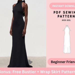 Op de afbeelding: Een zwarte vloerlange jurk met een hoge halterhalslijn en een striksluiting in de nek. De afbeelding bevat de tekst: INSTANT DOWNLOAD, PDF SEWING PATTERN, XXS-XXL, Beginner Friendly en Bonus: Free Bustier + Wrap Skirt Pattern.