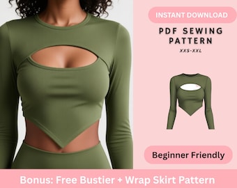 May include: Olive green long-sleeve top with a keyhole cutout and a triangular hemline. The image also includes a PDF sewing pattern for sizes XXS-XXL, labeled "Beginner Friendly". Bonus: Free Bustier + Wrap Skirt Pattern.