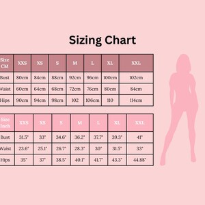 May include: A pink sizing chart with measurements in centimeters and inches. The chart includes bust, waist, and hip measurements for sizes XXS to XXL. A pink silhouette of a person is on the right.