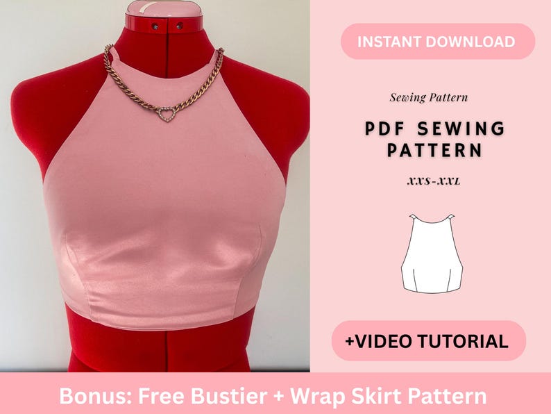 Halter Top Sewing Pattern, Y2K inspired Halter Crop Top Sewing Pattern, Beginner Sewing Patter, Women's Top Pattern, Digital Printable PDF image 1
