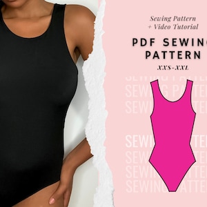 Puede incluir: Un patrón de costura PDF para un body sin mangas con cuello redondo. El patrón está disponible en tallas XXS-XXL. La imagen muestra una modelo con un body negro.