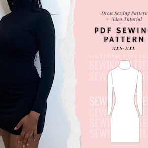 Peut inclure: Un patron de couture numérique pour une robe ajustée avec un col roulé. Le patron comprend un tutoriel vidéo et est disponible dans les tailles XXS-XXL. Le patron est présenté sur un fond blanc avec le texte "PDF SEWING PATTERN" en grandes lettres grasses.