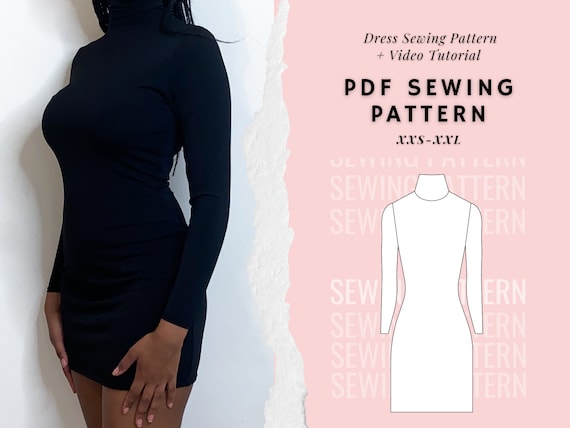 Turtle Neck Dress Pattern, Long Sleeve Mini Dress Pattern, Womens Dress Patterns, Digital PDF Printable Pattern, Easy/Beginner Friendly