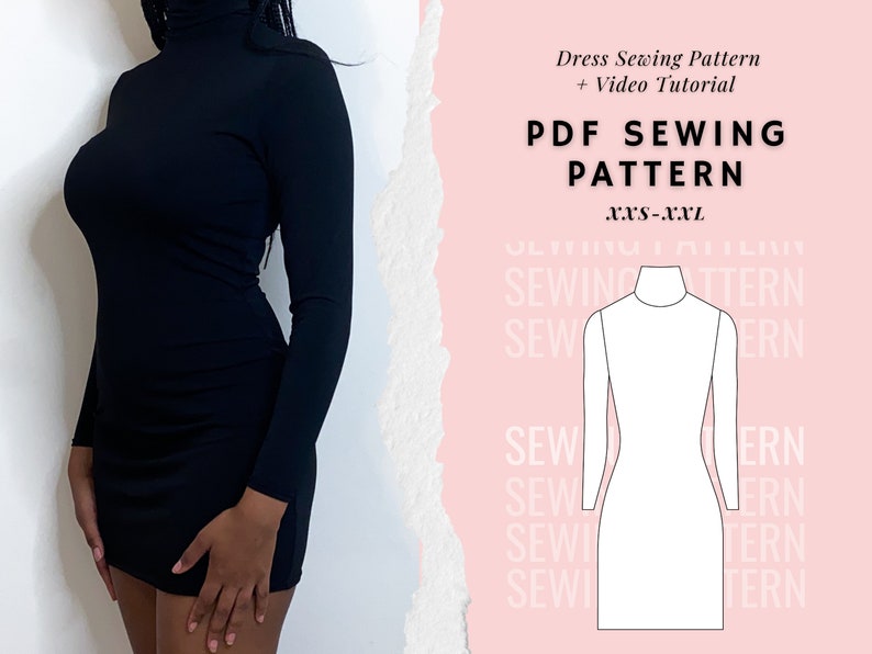 Turtle Neck Dress Pattern, Long Sleeve Mini Dress Pattern, Womens Dress Patterns, Digital PDF Printable Pattern, Easy/Beginner Friendly image 1