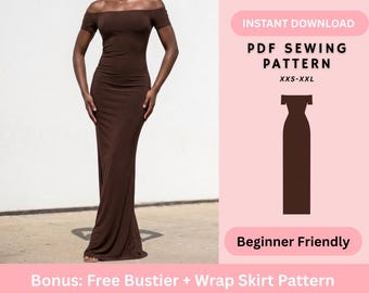 Patron de couture pour robe maxi | Robe maxi moulante à épaules dénudées et manches courtes | Patron de couture pour femme | Téléchargement numérique instantané