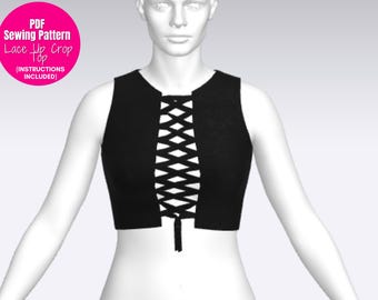 Sewing pattern for Lace Up Crop Top, Crop Top Pattern, Y2K Tops Pattern, Sewing Patterns For Women, Sewing patterns for women tops