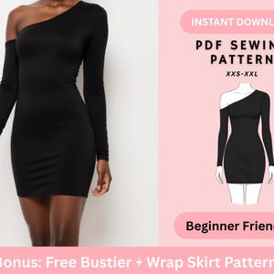 Puede incluir: Un vestido negro de un solo hombro con una manga larga. La imagen incluye el texto "DESCARGA INSTANTÁNEA PATRÓN DE COSTURA PDF XXS-XXL Principiante Bono: Patrón de bustier + falda cruzada gratis". También se muestra un diagrama del vestido.