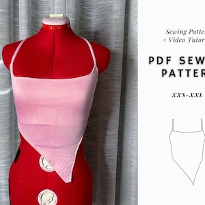 May include: A sewing pattern for a pink halter top with a triangular front. The pattern includes sizes XXS-XXL and comes with a video tutorial. PDF Sewing Pattern.
