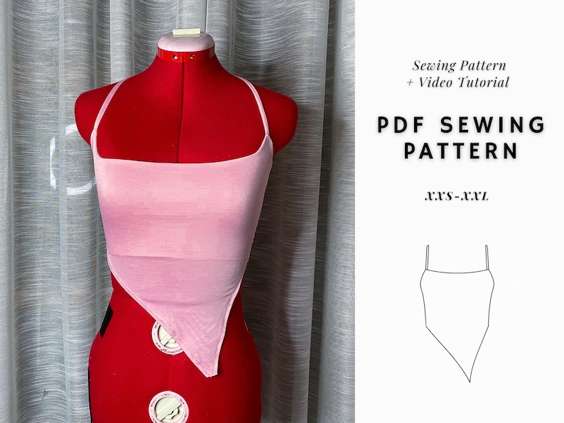 May include: A sewing pattern for a pink halter top with a triangular front. The pattern includes sizes XXS-XXL and comes with a video tutorial. PDF Sewing Pattern.