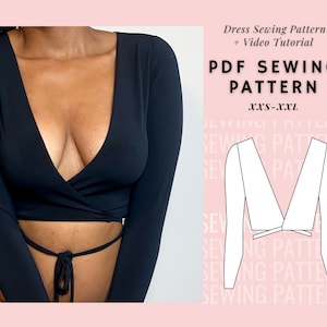 Könnte beinhalten: Ein PDF-Schnittmuster für ein langärmliges Wickeltop mit tiefem V-Ausschnitt. Das Schnittmuster umfasst die Größen XXS-XXL und ein Video-Tutorial.  "Dress Sewing Pattern + Video Tutorial PDF SEWING PATTERN XXS-XXL"