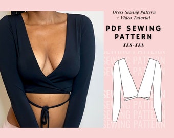 Wrap Top Sewing Pattern, Crop Top Sewing Pattern, Long Sleeve Top Pattern, Womens Sewing Patterns, Easy/Beginner, Digital PDF Pattern