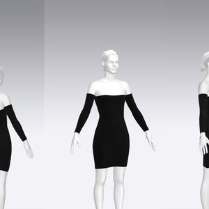 May include: A black off-the-shoulder dress with long sleeves.