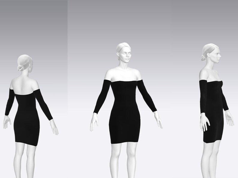 May include: A black off-the-shoulder dress with long sleeves.