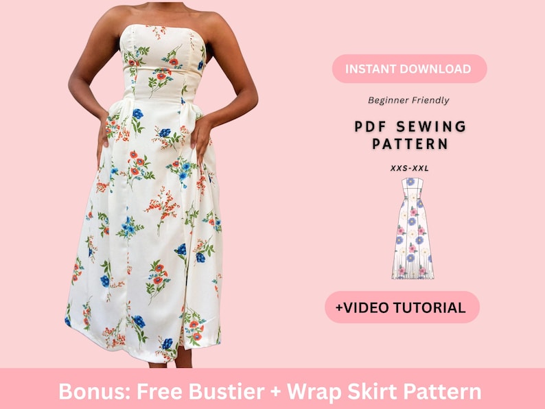 Dress Sewing Pattern| Summer Dress Pattern |Midi/ Maxi Dress Pattern | Strapless Dress Pattern |Women's Dress Patterns| PDF Beginner Pattern image 1