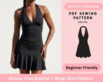 Patron de couture pour mini-robe | Robe moulante dos nu froncée | Patron de couture femme | Téléchargement numérique instantané