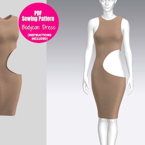 May include: PDF sewing pattern for a brown bodycon dress with a cut-out design. The pattern includes instructions.