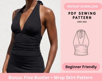 Halter Top Sewing Pattern | Tie Neck Ruched Deep V Wrap Top | Women's Sewing Pattern | Digital Instant Download