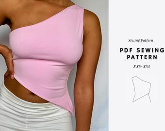 Patrón de blusa de un solo hombro, patrones de costura de blusas, patrón de costura para mujer, patrón de costura de blusa con hombros descubiertos, patrón de blusa bandeau, blusa asimétrica