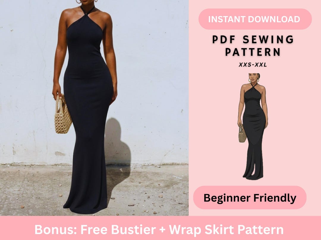 Maxi Dress Sewing Pattern | Cross Front Halter Neck Bodycon Maxi ...