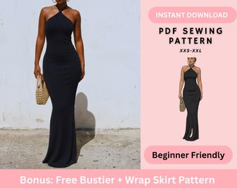 Maxi Dress Sewing Pattern | Cross Front Halter Neck Bodycon Maxi | Women's Sewing Pattern | Digital Instant Download