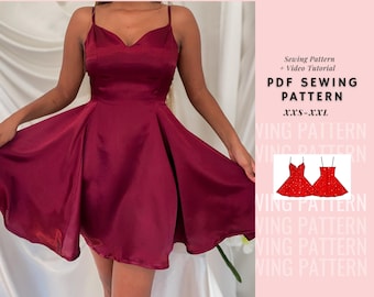 Patrón de costura de vestido, vestido con falda circular, vestido acampanado, escote pronunciado, patrón digital en PDF, patrón de vestido de mujer. Patrones de costura fáciles