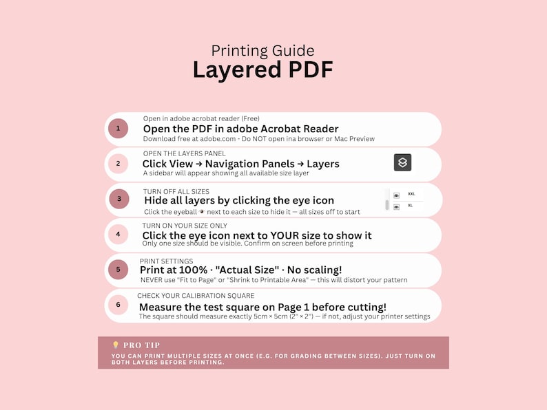 May include: A pink and white printing guide for layered PDF files. The guide includes numbered steps with instructions on opening the PDF, navigating layers, and print settings. Text includes "Actual Size" and a calibration square measurement of 2" x 2".