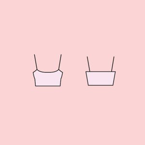 May include: Two black line drawings of a tank top with thin straps. The tank top on the left has a scoop neck, while the tank top on the right has a square neck.