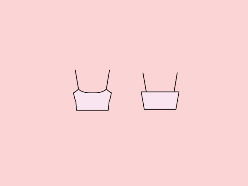 May include: Two black line drawings of a tank top with thin straps. The tank top on the left has a scoop neck, while the tank top on the right has a square neck.
