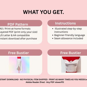 May include: A pink graphic with the text "WHAT YOU GET." lists a PDF pattern with print formats, layered PDF, and instant download. It also includes instructions and two images of bustiers. The text at the bottom says "SECURE INSTANT DOWNLOAD."