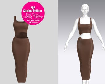 Bodycon Dress Sewing Pattern, Midi Dress, Bodycon Dress Sewing Pattern| Women's Dress Pattern| PDF Dress Pattern| Easy Dress Pattern