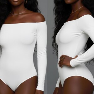 May include: A white off-the-shoulder bodysuit with long sleeves. The one-piece garment has a fitted silhouette and a straight neckline. The fabric appears smooth and opaque, with a solid white color. The bodysuit is designed to be form-fitting.