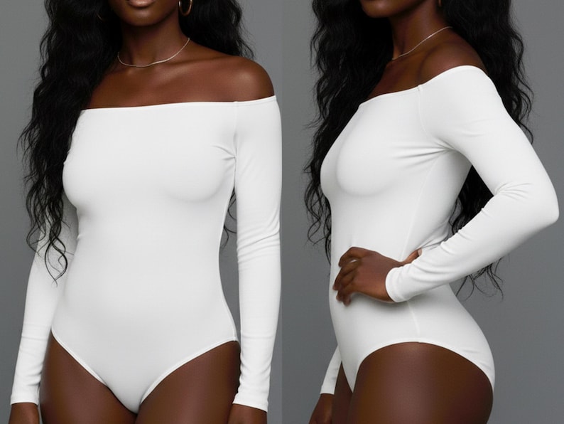 May include: A white off-the-shoulder bodysuit with long sleeves. The one-piece garment has a fitted silhouette and a straight neckline. The fabric appears smooth and opaque, with a solid white color. The bodysuit is designed to be form-fitting.