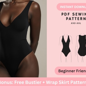 Peut inclure: Un body noir avec un col en V plongeant. L'image contient le texte "INSTANT DOWNLOAD PDF SEWING PATTERN XXS-XXL Beginner Friendly Bonus: Free Bustier + Wrap Skirt Pattern".