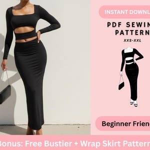 Peut inclure: Une robe noire à manches longues avec un col carré et des découpes. L'image comprend le texte "INSTANT DOWNLOAD PDF SEWING PATTERN XXS-XXL Beginner Friendly Bonus: Free Bustier + Wrap Skirt Pattern".
