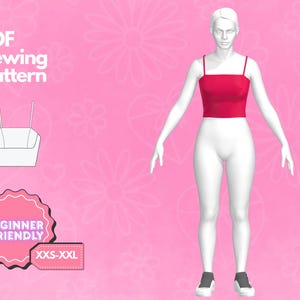 May include: A PDF sewing pattern for a cropped tank top. The pattern is beginner friendly and includes sizes XXS-XXL. The image shows a white mannequin wearing a red cropped tank top.