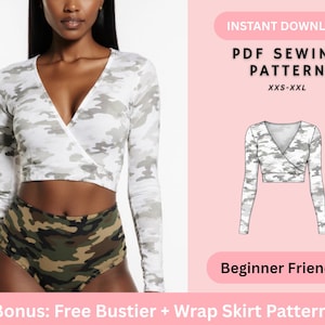 Puede incluir: Top cruzado de manga larga y shorts de cintura alta con estampado de camuflaje. La parte superior es blanca con camuflaje gris, y los shorts son verdes y marrones. La imagen incluye un patrón de costura en PDF para tallas XXS-XXL, etiquetado como "Beginner Friendly".