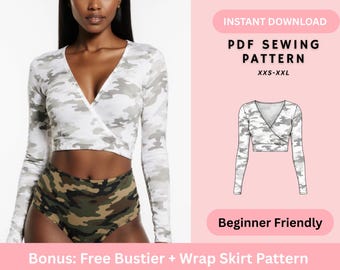 Wrap Top Sewing Pattern, Crop Top Sewing Pattern, Long Sleeve Top Pattern, Womens Sewing Patterns, Easy/Beginner, Digital PDF Pattern