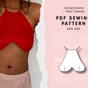 Padrão de costura de top halter, padrão de costura de top curto com decote subboob, padrão de costura para iniciantes, padrão de top feminino, PDF para impressão digital