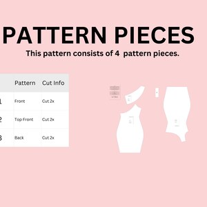 May include: Image of pattern pieces for a garment. The text "PATTERN PIECES" is at the top. The image includes a table with pattern details and outlines of the pattern pieces. The pattern consists of 4 pieces.